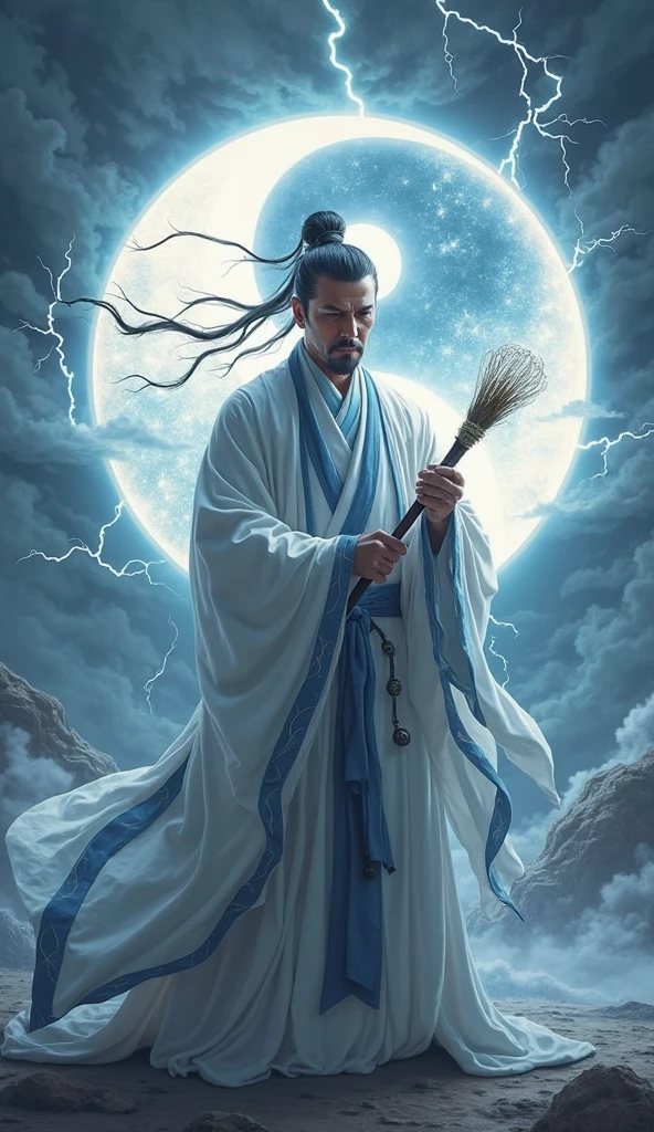 A majestic Taoist priest in traditional Chinese robes (white with blue trim), holding a horsetail whisk, hair tied in a high bun, with a stern expression. Behind him, a glowing infinity symbol and a giant luminous yin-yang emblem. The background is a mystical stormy night sky with lightning bolts flashing. High contrast lighting, highly detailed, in a mystical ancient Chinese art style
