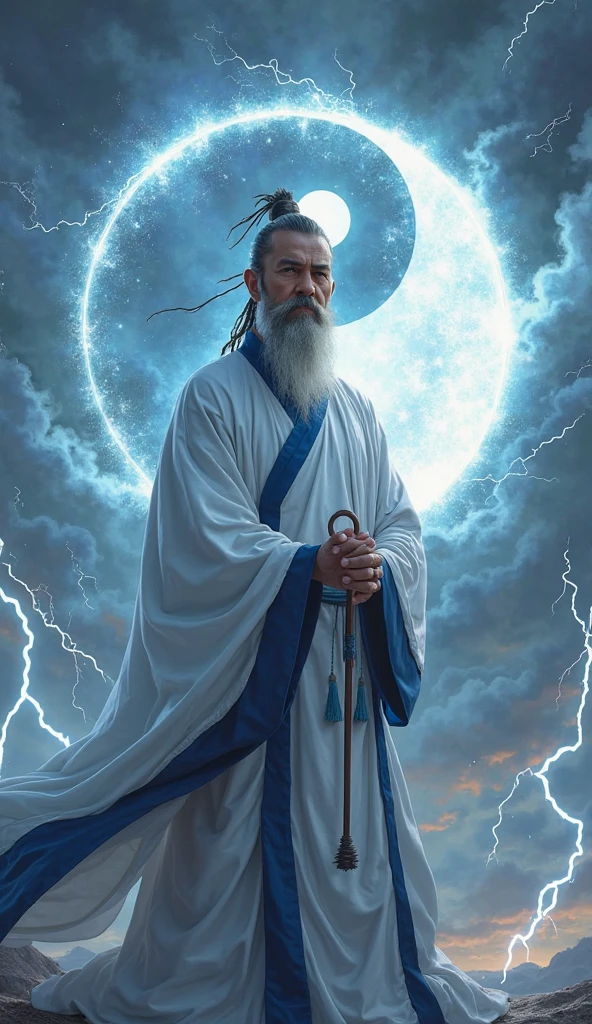 "In a style of Baroque, Caravaggio and Peter Paul Rubens.", "A chaotic scene of heroism set in a floating island above a stormy ocean, with bioluminescent plants illuminating the landscape. The mood is dreamy and ominous, with swirling clouds and flashes of lightning. The character is an elderly man with a serene expression, wearing an ancient robe adorned with modern technological enhancements and glowing runes. His posture is meditative, sitting cross-legged on a levitating rock. The art style is a blend of baroque and cyberpunk, with intricate, fluid brushstrokes. The scene includes cultural references to folklore, with mythical creatures like dragons and phoenixes interacting with futuristic drones. The historical context is set in an alternate reality where ancient magic and advanced technology coexist, creating a surreal and fantastical atmosphere."