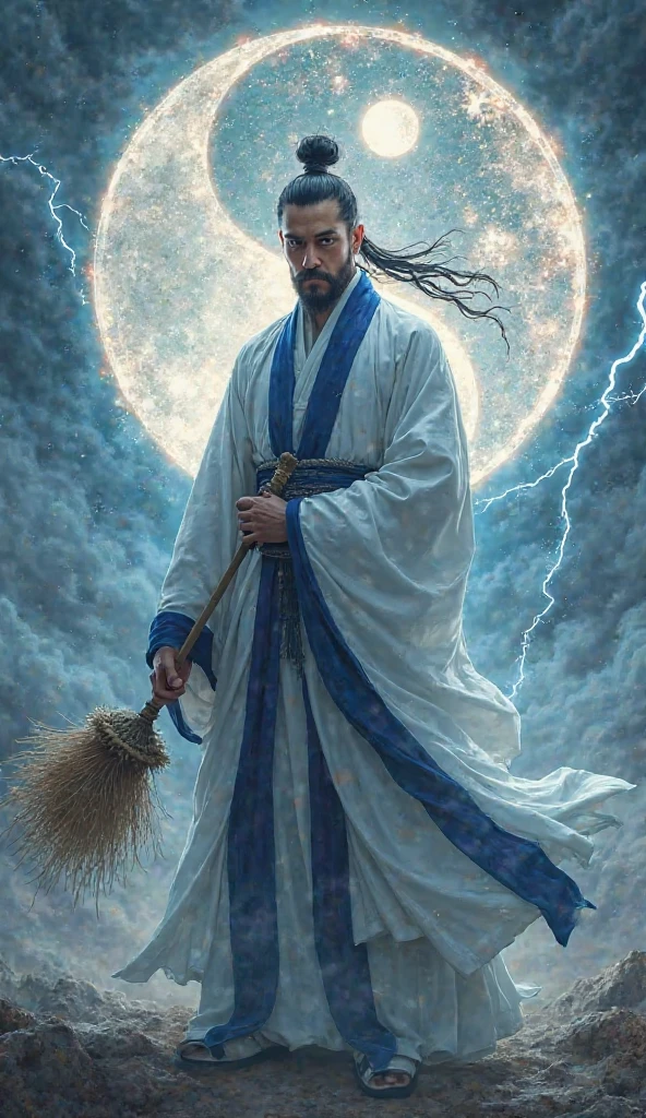 A majestic Taoist priest in traditional Chinese robes (white with blue trim), holding a horsetail whisk, hair tied in a high bun, with a stern expression. Behind him, a glowing infinity symbol and a giant luminous yin-yang emblem. The background is a mystical stormy night sky with lightning bolts flashing. High contrast lighting, highly detailed, in a mystical ancient Chinese art style