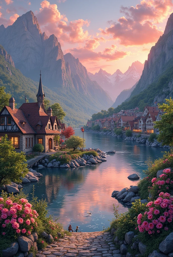 A small town by the river, mountains in the background, colorful floral flowers, detailed landscape, beautiful natural landscapes, atmospheric lighting, scorching sunset, warm colors, practical, photographic, detailed foliage, complex buildings, cobblestone street, charming country house, vibrant colors, lush vegetation, reflections in the water,  picturesque, idyllic, artwork, best quality, 8K, extremely detailed, anime style