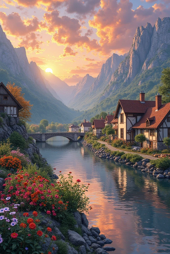 A small town by the river, mountains in the background, colorful floral flowers, detailed landscape, beautiful natural landscapes, atmospheric lighting, scorching sunset, warm colors, practical, photographic, detailed foliage, complex buildings, cobblestone street, charming country house, vibrant colors, lush vegetation, reflections in the water, picturesque, idyllic, artwork, best quality, 8K, extremely detailed, anime style