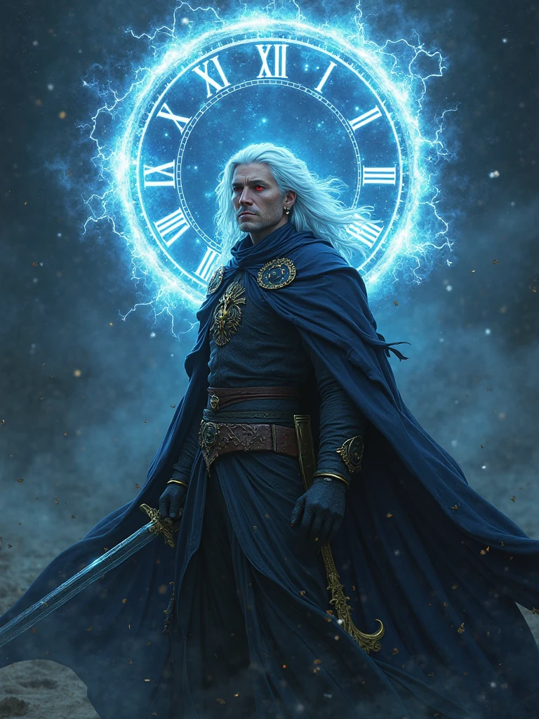 a very powerful wizard ,  that invokes the power of time , with an impressive image of an energy clock floating majestically above your head. dressed in black tunics, his outfit radiated an air of mystery and intrigue, like a very dark blue cloak, delicately lined with yellow details, fluttered behind him. long, the light blue hair that flowed cascaded down his back, framing his intense, piercing red eyes. adorned with earrings that shone in ethereal light. His appearance was a harmonious blend of the enigmatic wizard and the pirate style with a large cape and sword.