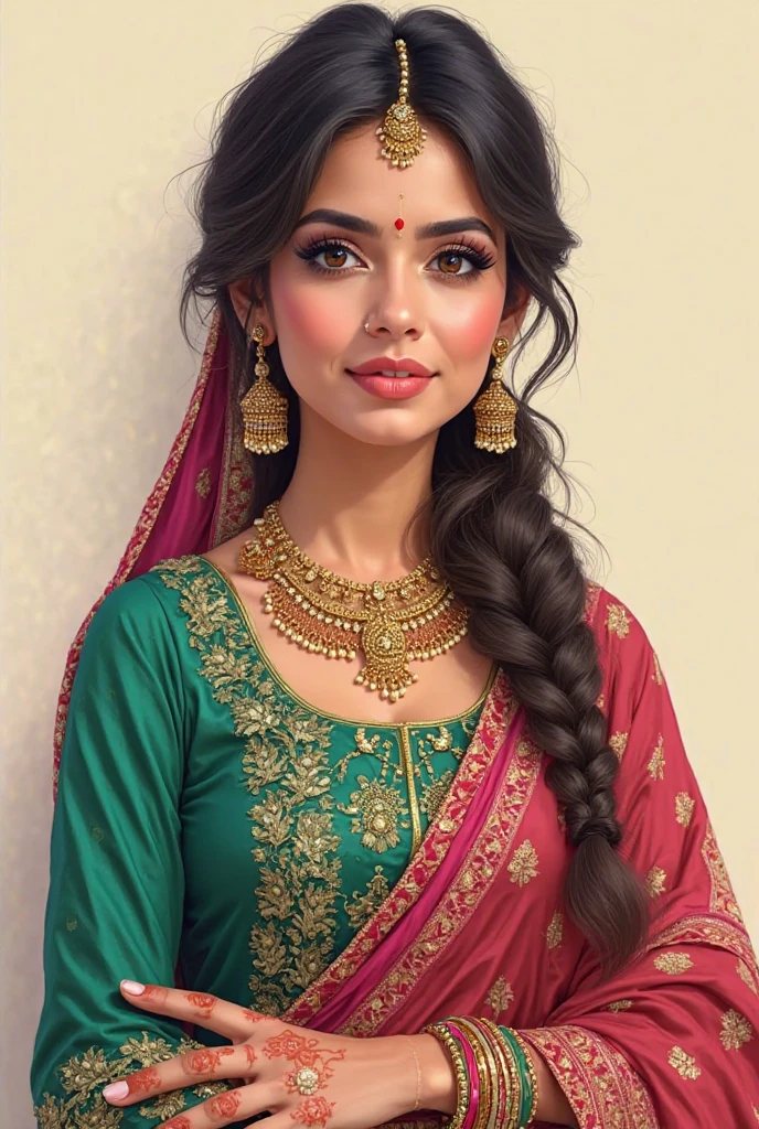 Create a highly detailed and culturally authentic portrait of a Pakistani woman dressed in traditional attire: a vibrant, richly colored *shalwar kameez* with a matching *dupatta* draped elegantly over her shoulders. The outfit should feature intricate embroidery or patterns in bold, lively hues (e.g., emerald green, ruby red, or royal blue). Accessorize her with traditional Pakistani jewelry, including golden *jhumkas* (chandelier earrings), stackable multicolored glass bangles (*chooriyan*), and subtle henna designs on her hands. Ensure her facial features reflect South Asian/Pakistani heritage—soft, warm-toned complexion, expressive eyes, and styled hair (e.g., a loose braid or bun adorned with a hairpin). The background must be plain and neutral (e.g., soft beige or ivory) to emphasize the subject. Prioritize precision in cultural details, vibrant yet balanced colors, and photorealistic quality, avoiding any stylistic or anatomical errors  illustration cartoonish

