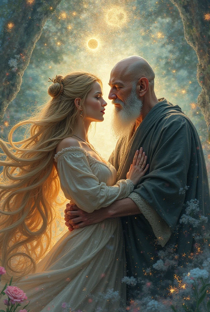 Create a surreal three-way illustration of Rapunzel having sex with Master Rochi