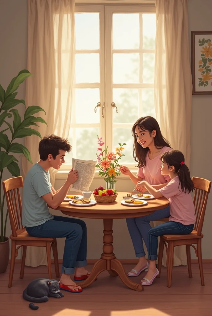 Realistic Thai family On a simple weekday of a happy family, father, mother and daughter spend time together in an atmosphere full of love and warmth.

Main elements of an ordinary day

• A round wooden dining table, with breakfast plates neatly arranged, with toast, fried eggs and fresh fruits in a small basket in the middle.
• A father is sitting reading a newspaper beside a cup of coffee, enjoying the tranquility of a new morning.
• A smiling mother in casual home clothes is arranging flowers in a small glass vase on the table.
• A daughter, wearing a school uniform, is sitting eating and talking cheerfully with her parents.
• A cat, or pet, is curled up on a cushion near the window. Soft sunlight shines through the curtains, creating a warm atmosphere.