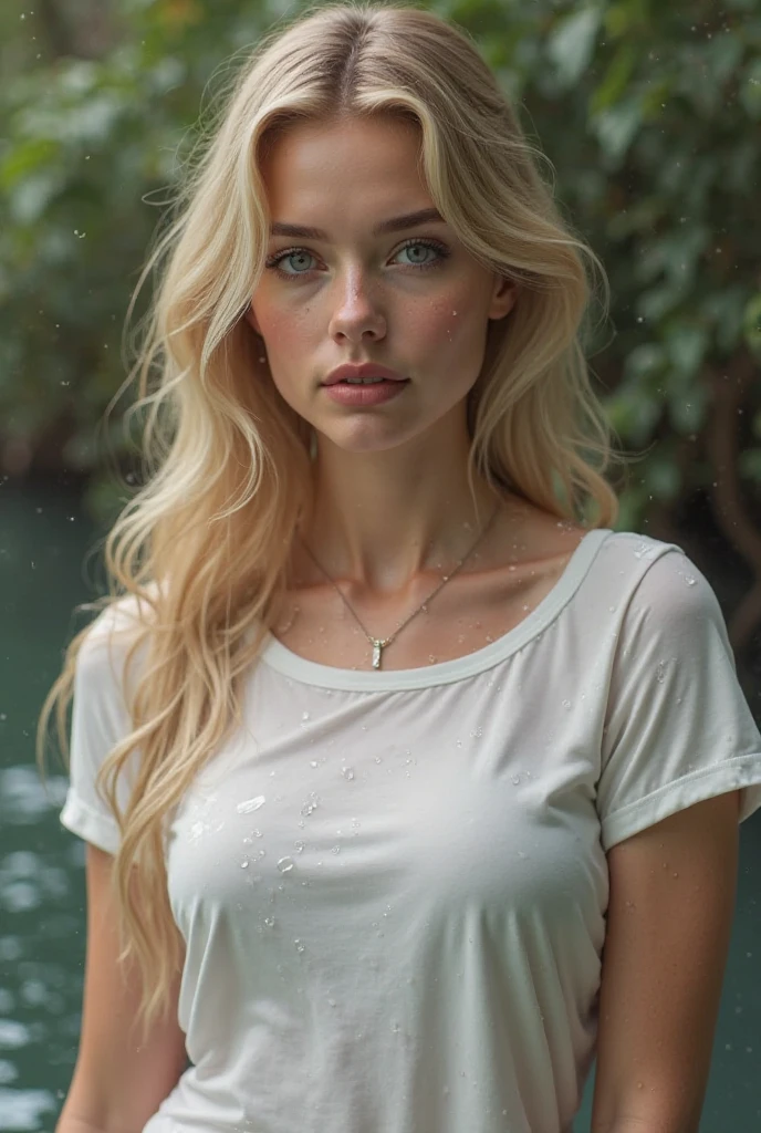 Raw photo, gorgeous Eva Evangelista, blonde hair, prayerful appearance, in a long black T-shirt, bare thighs, bathing in the river, sunny day, bright sunlight, volumetric light, looking at the viewer, dynamic angle, masterpiece, best quality