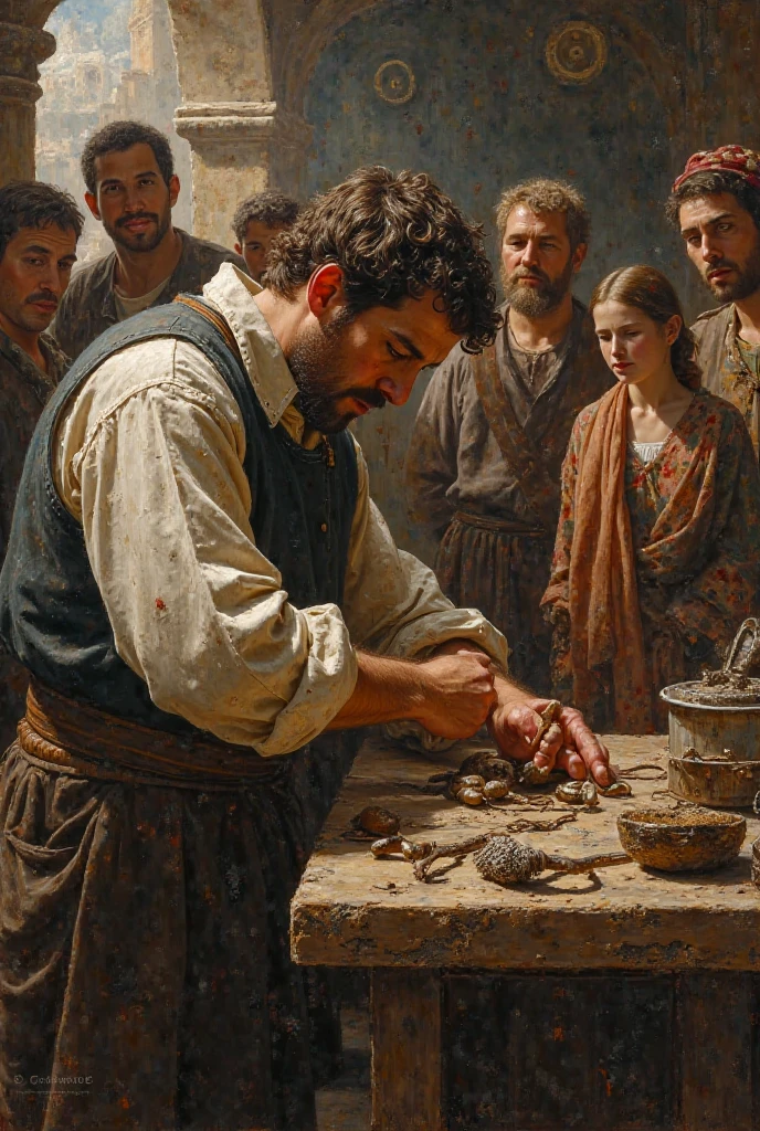 Create me a Renaissance image of a man at work and others laughing at him deep in the background