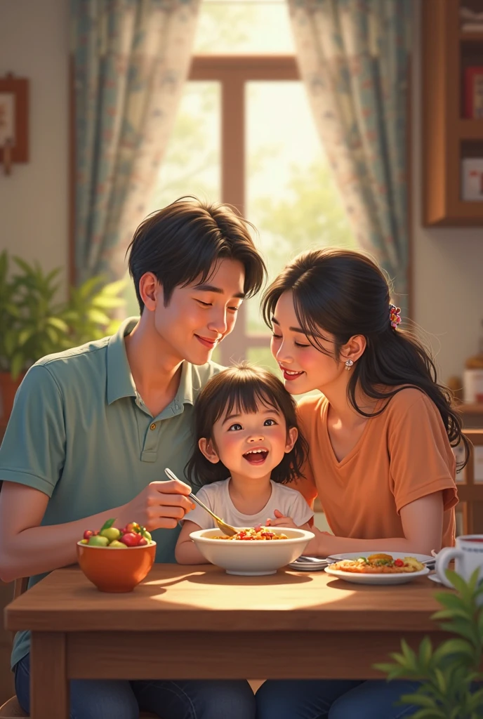 Realistic Thai family On a simple weekday of a happy family, father, mother and a daughter spend time together in an atmosphere full of love and warmth.
