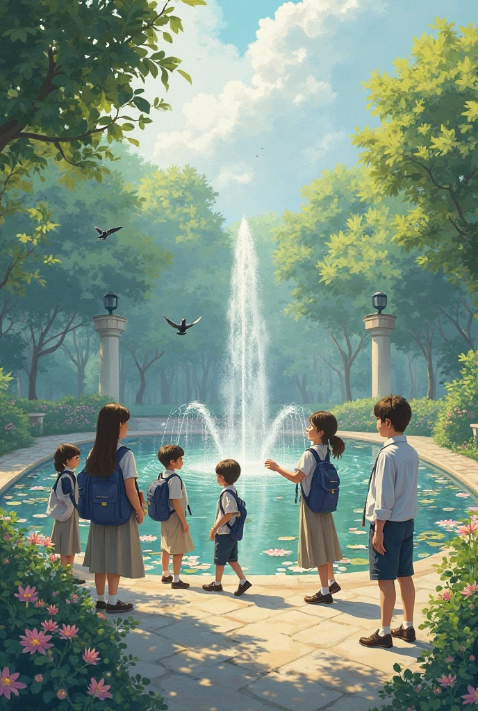 The cover of the book features school students, a beautiful view of pigeons, fountains and water lilies with a view of nature.
