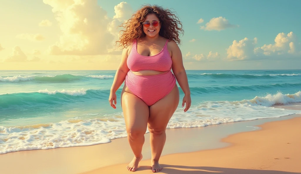 A 30-year-old chubby woman travels to the beach, dresses sexy with her female friends, fair skin, Natural light