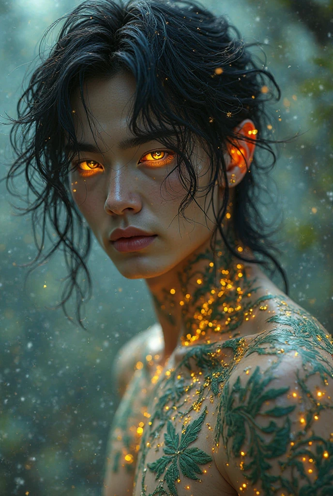 Asian age male character inspired by Kim Taehyung (BTS), with a slim and slender build, broad shoulders, and delicate features. His fair skin bears subtle battle scars, and his long, iridescent black hair flows like strands of midnight sky, shimmering with an ethereal glow that hints at his fae heritage. Short lashes frame epicanthic eyes that are naturally silver-gray, though his right eye has transformed into a mesmerizing blend of gold and silver due to heterochromia. Over time, his ears have taken on a slightly pointed, elven shape, and faint fae-like markings — greenish vines, branches, and leaves — have begun to spiral across his skin. These markings intertwine with glowing runes, wrapping around his torso, limbs, and reaching his neck and face, creating a breathtaking contrast between magic and nature. Fantasy aesthetic, semi-realistic style, glowing markings, ethereal lighting, highly detailed.