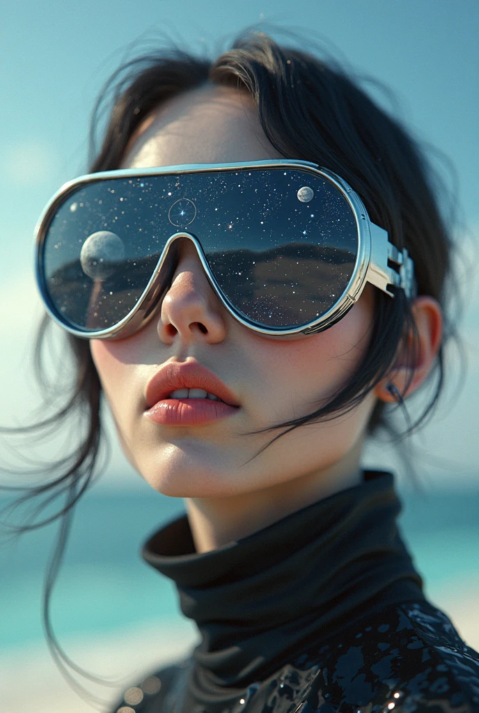 The model is wearing glass sunglasses with stars and the moon on the glass