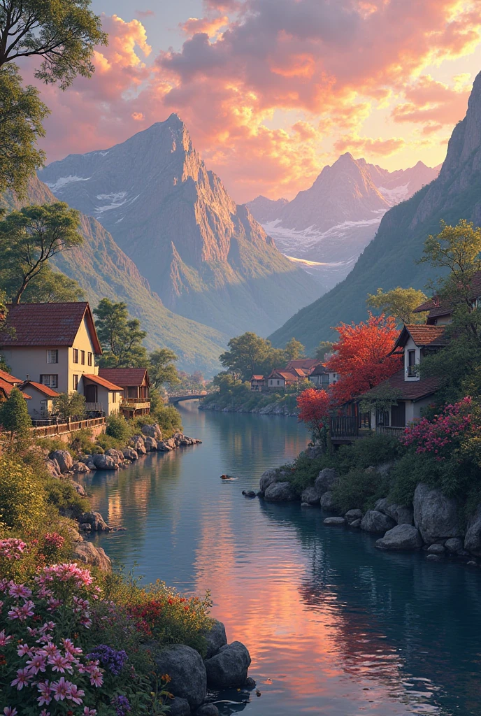 a small village by the river, mountains in the background, floral flowers colorful, detailed landscape, Beautiful natural landscapes, atmospheric lighting, scorching sunset, warm colours, practical, photopractical, Detailed Foliage, complex buildings, cobblestone street, Charming country house, swirly vibrant colors, lush vegetation, Still water reflections, Picturesque, idyllic, work of art, best qualityer, 8k, extremely detaild,anime styling