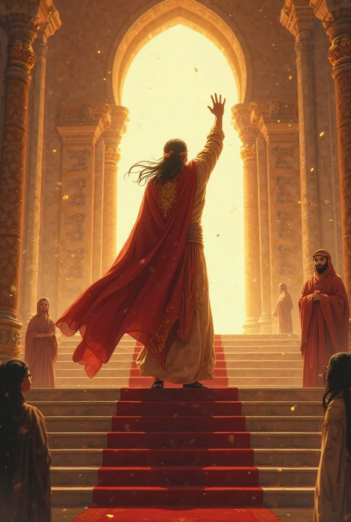 A breathtaking anime-style cinematic scene of Qarun (Korah) in the height of his arrogance. He stands atop a grand staircase carved from ivory stone inside his majestic palace, raising one hand dramatically as he declares with pride, “I was given all this because of my own knowledge.” Qarun has striking Middle Eastern features, long black hair tied with a golden ribbon, a proud, chiseled face, and sharp, focused eyes filled with arrogance. He wears a regal crimson robe adorned with glowing gold embroidery, the fabric flowing behind him like a cape. Golden light pours in from arched windows behind him, illuminating his form like a divine figure. Around him, nobles and servants freeze in silence, awe-struck and fearful. The background shows towering columns, walls decorated with ancient carvings, and treasures lining the hall. The atmosphere is grand, heavy with power, but a subtle shift in lighting and tension hints at impending doom. The visual style is that of a high-end anime studio—rich colors, fine textures, dramatic shadows, cinematic composition, and magical dust particles hanging in the warm light