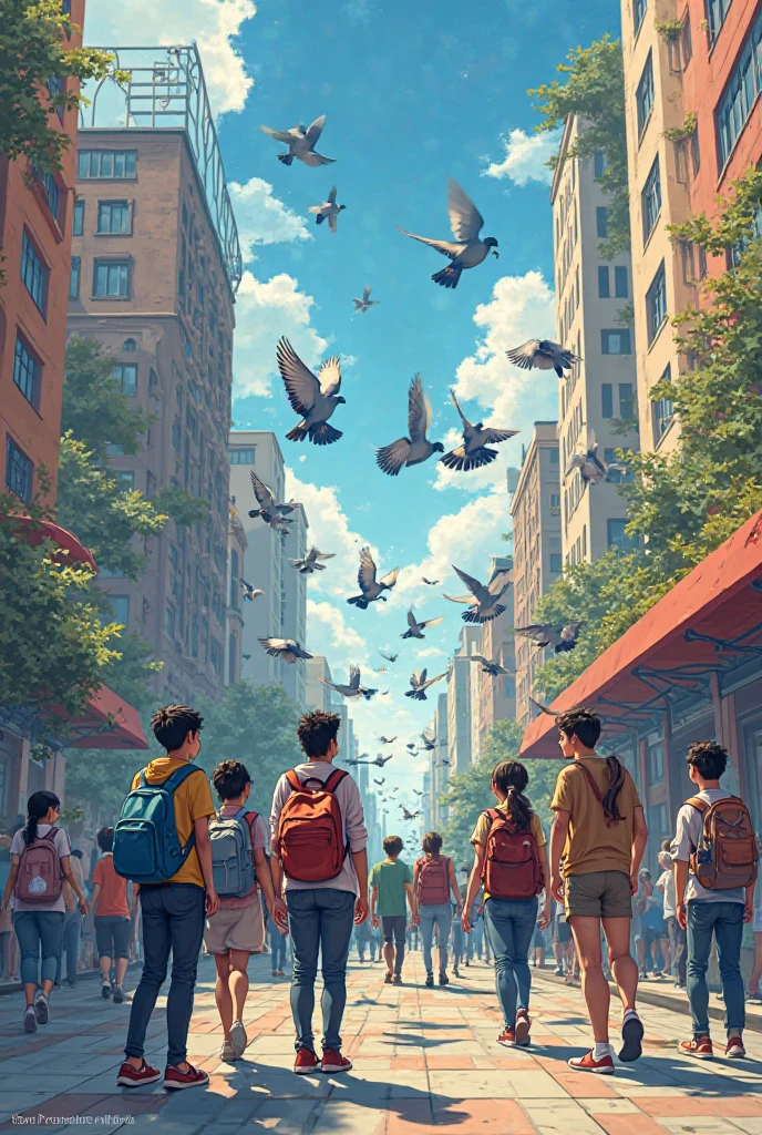 Draw the cover of the book according to the picture provided, with additional students and pigeons.