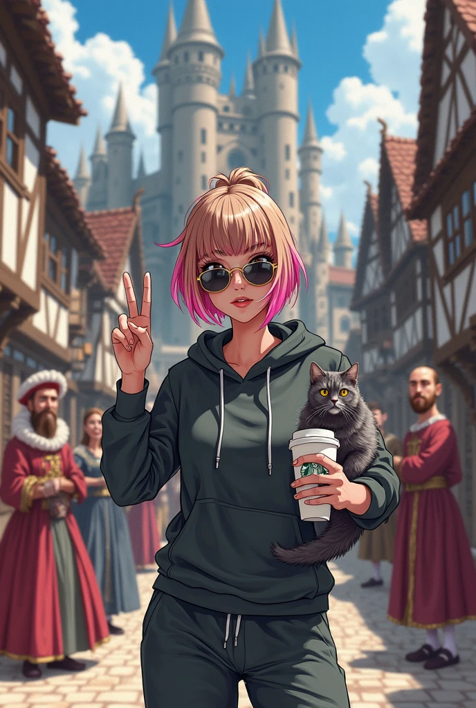 An expressive confident woman with light brown hair and vibrant pink highlights, wearing a modern sporty outfit (hoodie and joggers) and dark sunglasses, proudly flipping off the viewer with one hand while holding a Starbucks coffee cup in the other. She stands defiantly in the middle of a medieval fantasy town square (cobblestone streets, half-timbered houses, a castle in the background). The scene contrasts sharply—around her, SHOCKED nobles in extravagant Renaissance-era clothing (ruffled collars, brocade gowns, feathered hats) gawk at her in disbelief. Hyper-detailed, vibrant colors, anime-inspired style, dramatic lighting. The atmosphere should scream 'time traveler who doesn't care. Gray cat on her arms. They are on top of the world. SEMI REALISTIC ANIME. MANHWA STYLE 