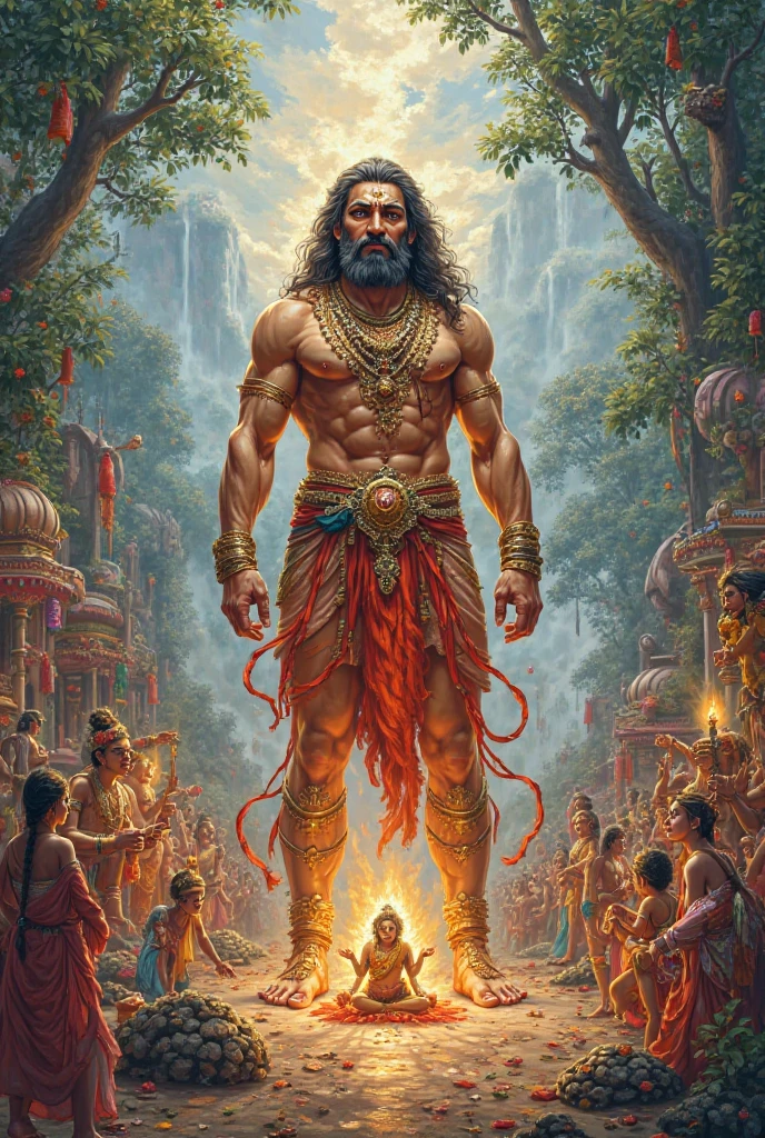 “A grand scene showing Karna being honored as ‘Daanveer Karna.’ A group of villagers, warriors, and celestial beings are gathered around him in admiration. Karna stands tall, looking humble yet strong, wearing simple clothes after giving away his armor. Above him, a faint aura glows, symbolizing his greatness and the respect he commands from everyone around.”