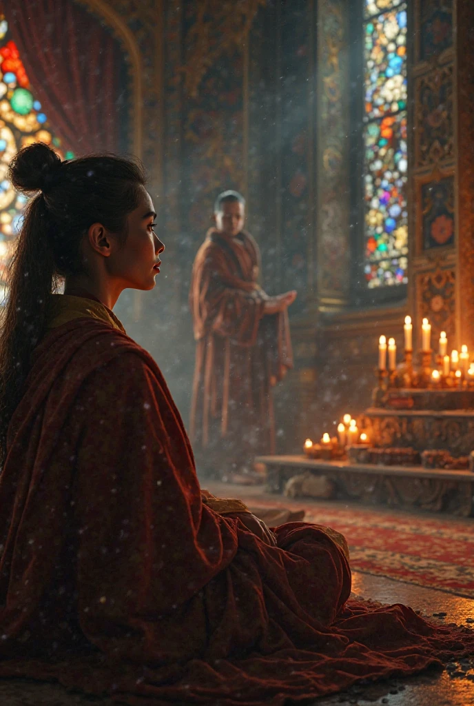 Woman sleeps during a bhuddist preach by a monk