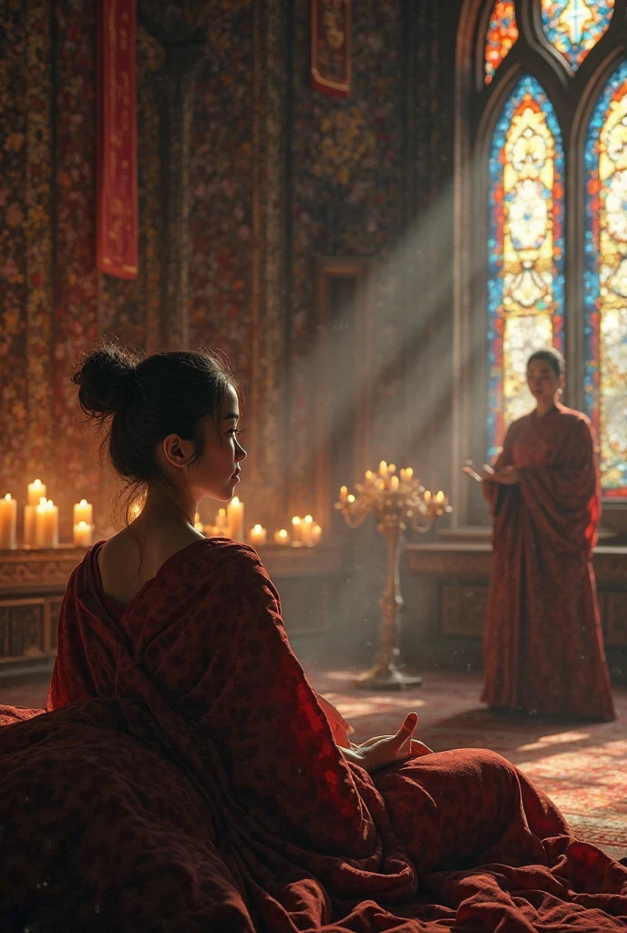 Woman sleeps during a bhuddist preach by a monk
