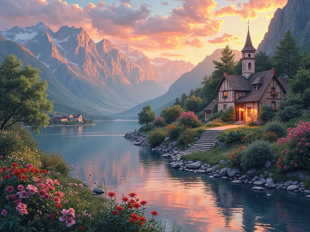A small village by the river, mountains in the background, colorful flowers, detailed landscape style, beautiful natural scenery, atmospheric lighting,  scorching sunset ,  warm colors, practical, photographic, detailed foliage, complex buildings , cobblestone street, charming country house, vibrant colors, lush vegetation, reflections in the water, pitoresco, idyllic, work of art, Best Quality, 8k, extremely detailed, anime style