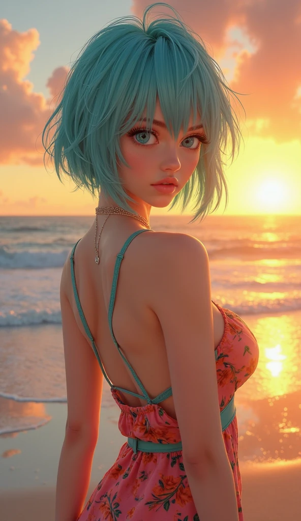 cute redhead woman in twin tails, multiple rainbow colored hair, sky-blue eyes, happy, Ukrainian, petite, pale skin, wearing a green metallic color bikini, post apocalyptic background, bleak barren desert, photo realistic woman. --auto