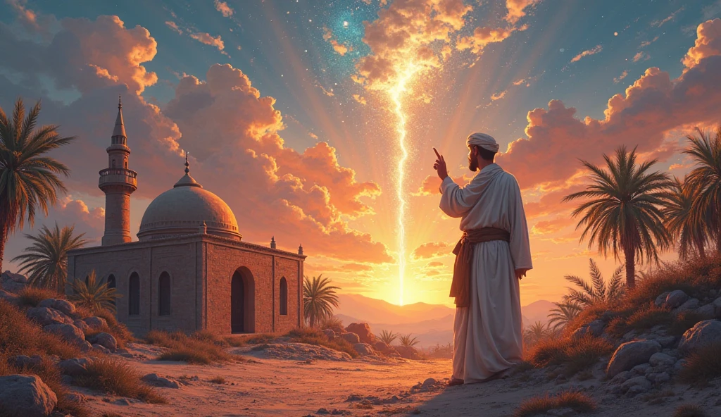 Digital Painting with Semi-Realistic Illustration, use bright colours, a highly detailed ultra HD, 4K cinematic image. Ahmad pointing gently toward the sky while speaking, as Hasan looks up. A glowing spiritual light beams down from the heavens onto a small village mosque in the distancecomic book illustrator with defined lines and shaded areas
 Semi realistic character  Middle eastern men
Mud brick village house rustic hut palm trees
