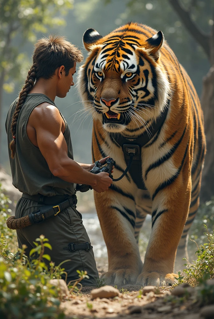 Muscular Korean man riding a tiger
