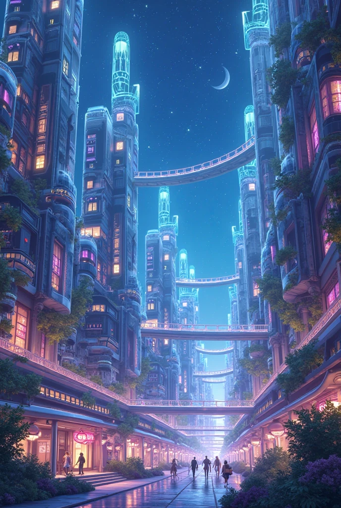 "A bright and technological futuristic city, where crystal skyscrapers and hanging gardens shine under a starry night sky. Style is a mix of, Pokémon e Disney, with bright colors and a magical atmosphere."

🏢  architecture :
Grattacieli trasparenti con facciate a led che cambiano colore

Ponti sospesi avvolti in ologrammi danzanti

Treni magnetici che solcano il cielo su binari luminosi

Giardini verticali pieni di fiori bioluminescenti

🌈 COLORI & LUCI:
 electric blue  (#00B4FF) e rosa neon (#FF00AA) for city lights

Purple shadows (#2E006C) for depth

Golden reflections (#FFD700) sulle superfici

🌃 AMBIENTAZIONE:
Strade principali piene di robot carini e ologrammi interattivi

Piazze centrali con fontane olografiche che creano forme di Pokémon

Navi volanti a forma di pesci luminosi

🎨 STILE ARTISTICO:
thick black lines (Pokémon style)

Cel-shaded shadows (come nei film Disney)

Exaggerated light effects (aloni, bagliori, riflessi)

⚙️ LEONARDO SETTINGS.AI:
Modello: Anime

Style: Cyberpunk + Fantasy

Enhancer: Ultra-Detailed Lighting

Negative Prompt: "dark, gloomy, ruined, realistic, dirty"

💡 VARIANTI:
Aggiungi "a huge technological tree in the center of the city"

Inserisci "a parade of Pokémon flying among skyscrapers"

Dai "ai robot facce Disney-like"

Example of expected result:
A metropolis where every building looks like a crystal, with happy inhabitants interacting with magical technology and fantastic creatures.