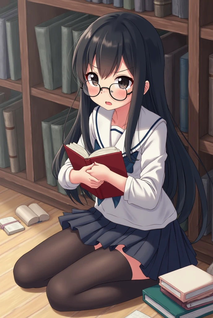 glasses、black hair、straight hair、bob、droopy eyes、serious、Quiet、very small t-shirt、panties、library、Choosing a book、(The crotch bites into)、(Itching in the crotch)、open your legs