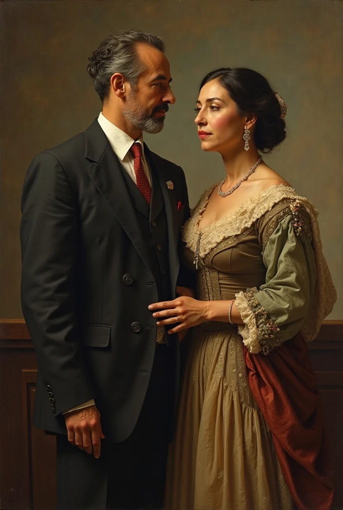 A portrait of Simón Rodríguez with his wife Manuela Gómez,  in antique painting style , Where can you see the two from the waist up 