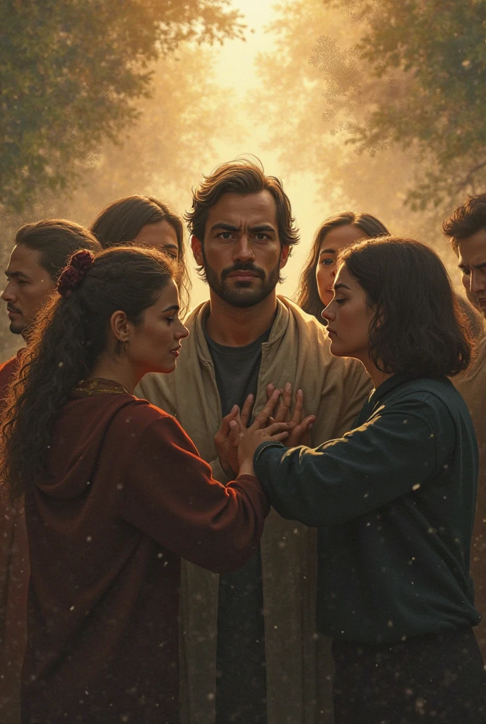 6. The power of loved ones: A strong group of family and friends standing firmly behind the person, offering support.