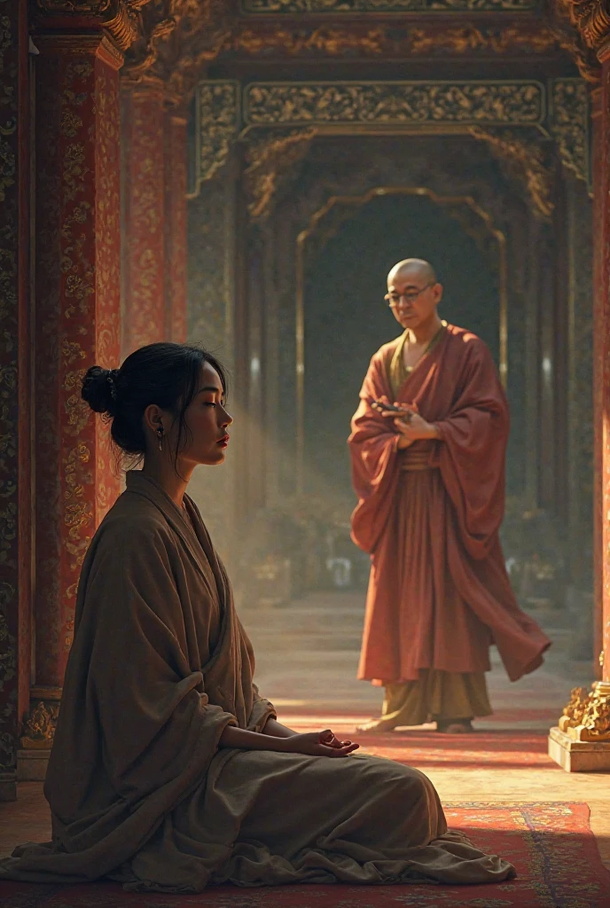 A woman sleeps while sitting during a preach by a bhuddist monk