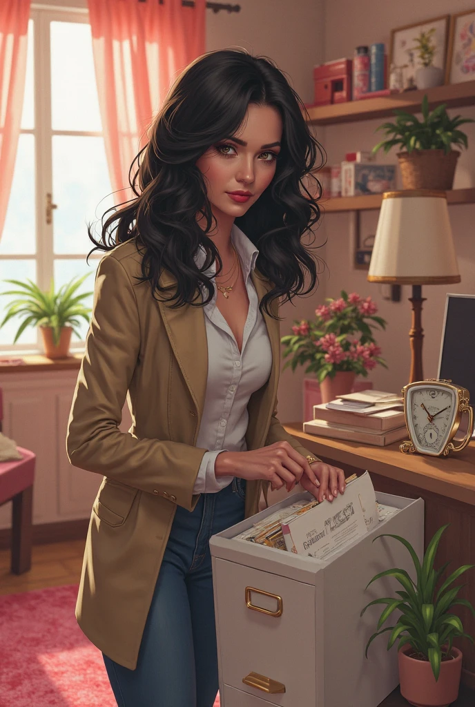 Female detective with dark wavy hair looking for files from a file cabinet in a girly office