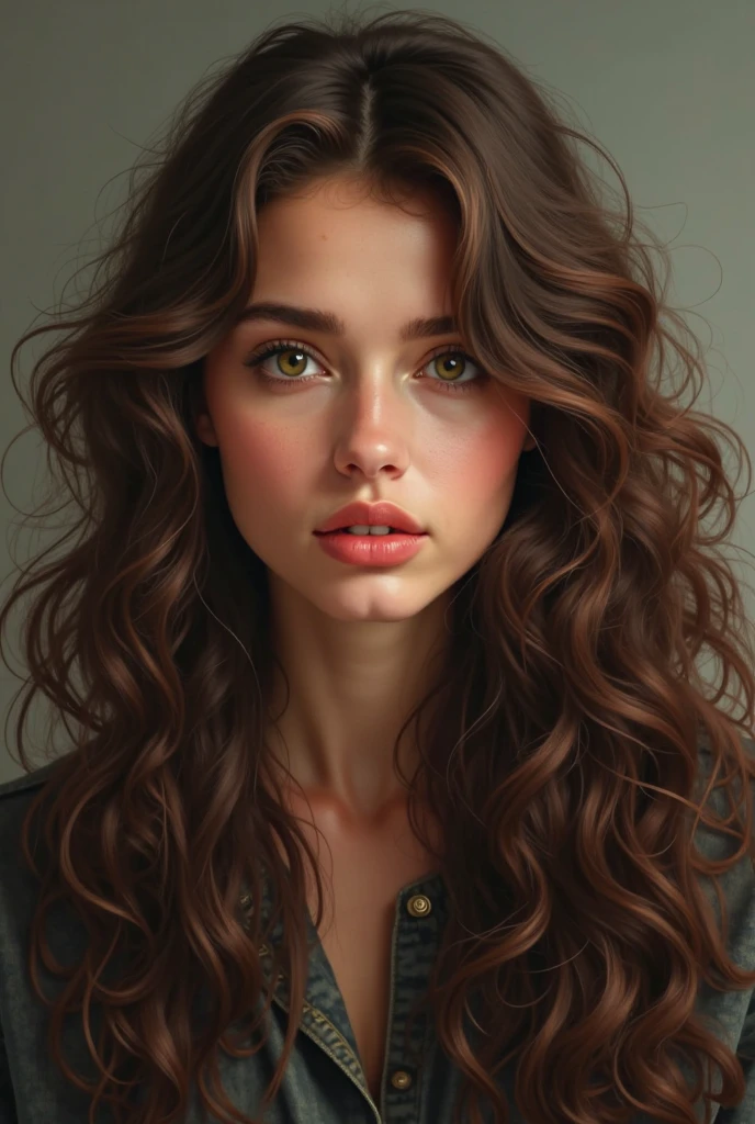 an digital art style A beautiful young woman with sharp, mysterious features, bearing a striking resemblance to a classic pop star. Her long long curly brown hair frames her face naturally, adding to her effortlessly captivating look. Her eyes are deep brown, subtly ringed with green, giving them an intense, almost otherworldly charm.
She has full, perfectly shaped lips, a small, elegant nose, and soft, well-defined cheeks that enhance her expressive presence. Her look blends realism with allure, creating a face that feels both familiar and unforgettable .