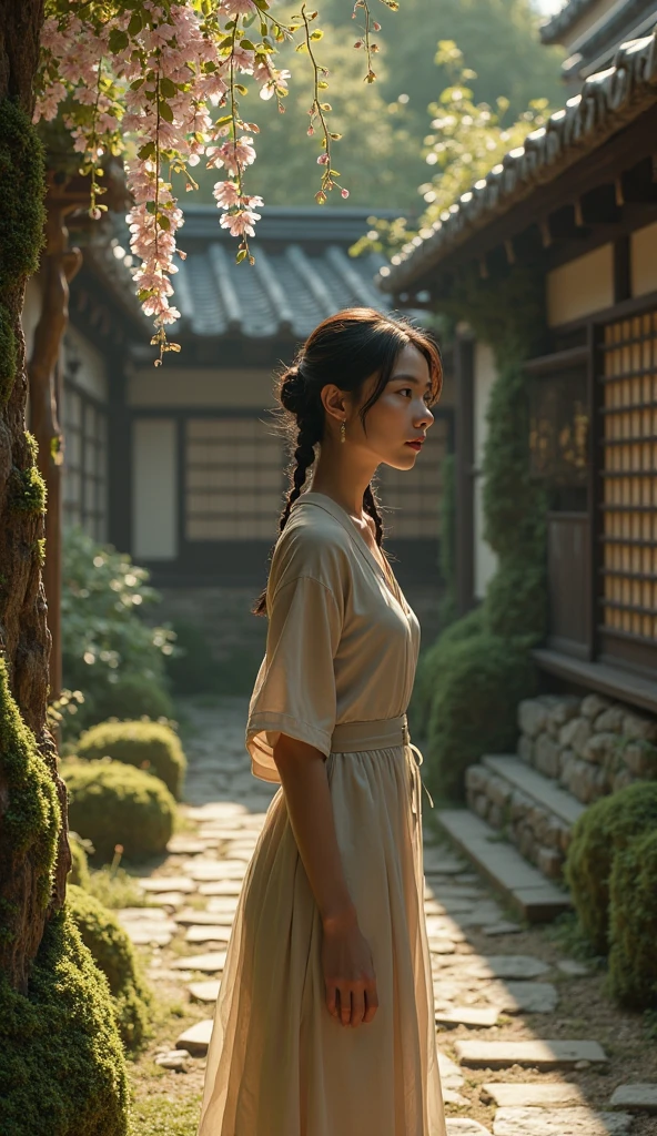 A young woman of Asian descent, approximately 25 years old, stands in a secluded courtyard, her body subtly angled three-quarters to the viewer.  She wears a flowing, ankle-length linen dress, the color of faded denim, cinched at the waist with a thin, woven belt.  Her dark hair, pulled back in a loose braid, frames a delicately sculpted face, her expression a blend of pensive curiosity and quiet contemplation, her gaze directed slightly beyond the viewer, inviting yet enigmatic.  Her posture is relaxed yet poised, one hand gently resting on the rough-hewn stone wall of an ancient wooden structure. The courtyard is bathed in the soft, golden light of late afternoon, casting long shadows across the meticulously manicured moss-covered stones and ancient wisteria climbing the weathered wooden buildings. The architecture is reminiscent of traditional Japanese design with intricate latticework visible in the background.  The overall mood is serene and contemplative, conveying a sense of tranquility and hidden beauty. Rendered in a photorealistic style with a cinematic depth of field, emphasizing the woman as the central focus. The camera angle is slightly elevated, creating a sense of intimacy while maintaining a respectful distance.  The color palette is muted and natural, with earth tones and deep greens predominating, contrasted by the warm glow of the sunlight. The scene evokes a sense of mystery and quietude, reminiscent of Japanese woodblock prints and contemporary fine art photography. The texture of the weathered wood, the soft moss, and the woman's flowing dress are richly detailed, conveying a palpable sense of atmosphere.