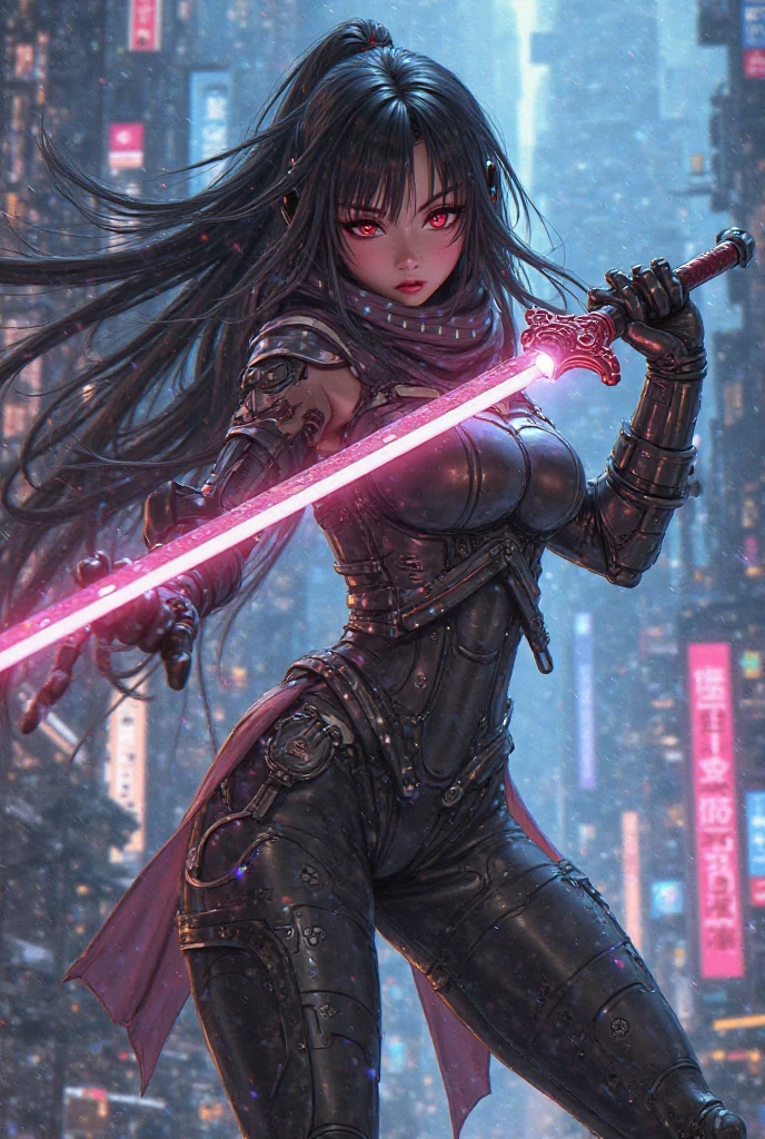 Female Warrior, Dystopian cityscape with a female warrior, intricate details, HDR, beautifully shot, hyperrealistic, sharp focus,  megapixels, perfect composition, high contrast, cinematic, atmospheric, moody