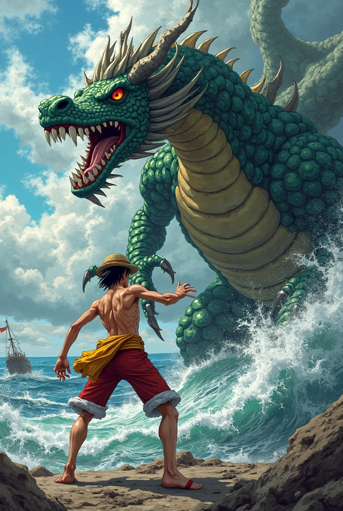 one piece luffy fishing a sea monster on a ship, vibrant color, warm lighting, sunshine, sea waves, water splash