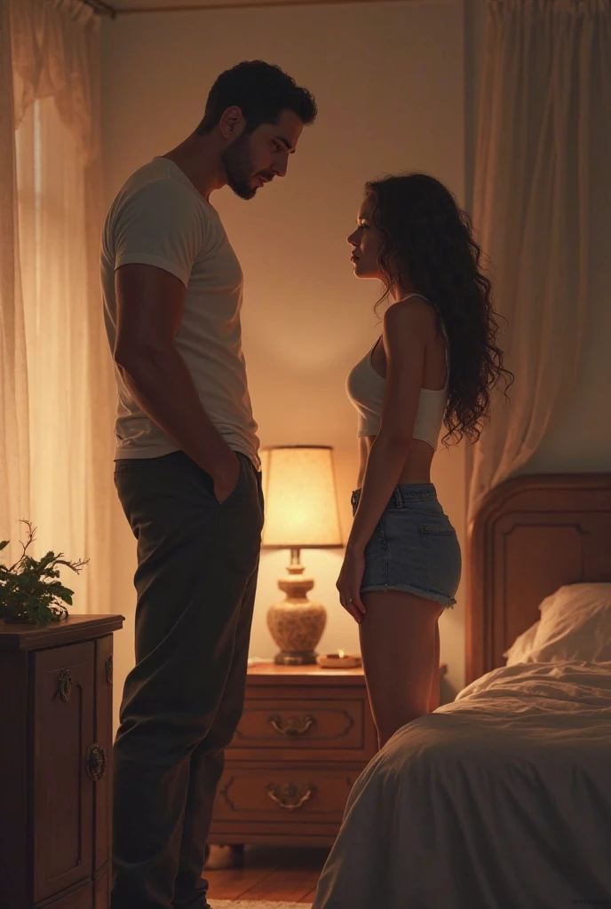 A 20-year-old man is embarrassed because his cousin saw him having a morning erection while he was standing up, and his cousin is laughing at him next to his bed, and her eyes are shining pink.