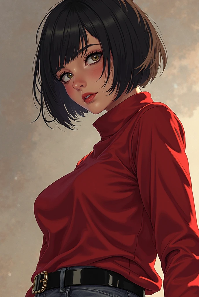 a close up of a woman wearing a red sweater and a black belt, looking like annie leonhart, with a bob cut, loba andrade from apex legends, with short hair, makoto shinkai ( apex legends ), isabela moner, by Tadashi Nakayama, mikasa ackerman, sui ishida with black hair, alita battle angel