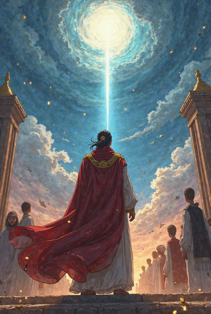 Create the ultimate anime-style cinematic scene of Qarun (Korah) moments before his downfall, captured as if time itself has frozen. Qarun stands proudly atop the stairs of his palace courtyard, dressed in a flowing crimson-and-gold royal robe, hair tied back with a golden-thread ribbon. His regal posture exudes pride, but his eyes now show a flash of fear. Above him, the sky is cracked with divine tension—clouds spiraling like a whirlpool of judgment, tinted in indigo, crimson, and violet. A single beam of light shines down on him like a divine spotlight, harsh and cold. The palace behind him is impossibly tall, casting monstrous shadows over the earth, symbolizing arrogance built too high. Around him, people are frozen mid-motion—some looking at him in terror, others shielding their eyes as if feeling an invisible pressure. The air is thick with divine stillness. Small pebbles are floating upward. The lighting is dramatic and painterly, with god-rays piercing the heavens, and the floor beneath his feet beginning to fracture with glowing golden cracks. Every fabric fold, every eyelash, every dust particle is painted with obsession. The anime style is ultra-refined—combining the emotion of Violet Evergarden, the scale of Attack on Titan, and the sacred intensity of a Studio Ghibli climax. A soft grainy film texture overlays the image, making it feel like a frame from an ancient, divine memory—haunting, holy, and unforgettable