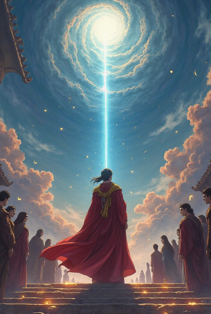 Create the ultimate anime-style cinematic scene of Qarun (Korah) moments before his downfall, captured as if time itself has frozen. Qarun stands proudly atop the stairs of his palace courtyard, dressed in a flowing crimson-and-gold royal robe, hair tied back with a golden-thread ribbon. His regal posture exudes pride, but his eyes now show a flash of fear. Above him, the sky is cracked with divine tension—clouds spiraling like a whirlpool of judgment, tinted in indigo, crimson, and violet. A single beam of light shines down on him like a divine spotlight, harsh and cold. The palace behind him is impossibly tall, casting monstrous shadows over the earth, symbolizing arrogance built too high. Around him, people are frozen mid-motion—some looking at him in terror, others shielding their eyes as if feeling an invisible pressure. The air is thick with divine stillness. Small pebbles are floating upward. The lighting is dramatic and painterly, with god-rays piercing the heavens, and the floor beneath his feet beginning to fracture with glowing golden cracks. Every fabric fold, every eyelash, every dust particle is painted with obsession. The anime style is ultra-refined—combining the emotion of Violet Evergarden, the scale of Attack on Titan, and the sacred intensity of a Studio Ghibli . A soft grainy film texture overlays the image, making it feel like a frame from an ancient, divine memory—haunting, holy, and unforgettable