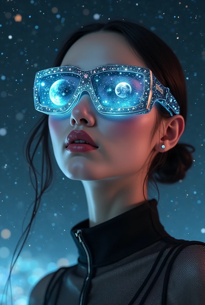 The model wears glass sunglasses with stars and the moon in the glass