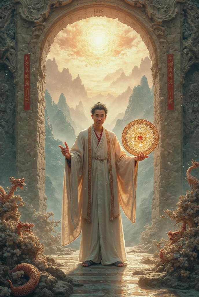 Create a surreal painting where an ancient, mystical space merges with soft, ethereal light. At the center is the image of a feng shui master, exuding a calm and dignified demeanor with deep, mysterious eyes as if holding the universe’s secrets. Dressed in traditional attire, the master holds a shimmering ‘su âm dương’ in his left hand while gently lifting a finely detailed Bagua mirror in his right hand, symbolizing the harmony of yin and yang energies. Surrounding him, feng shui symbols such as dragons, phoenixes, majestic mountains, and flowing water form a backdrop that is both magnificent and imbued with an enigmatic aura, opening a door to the mysteries of fate and the universe.”