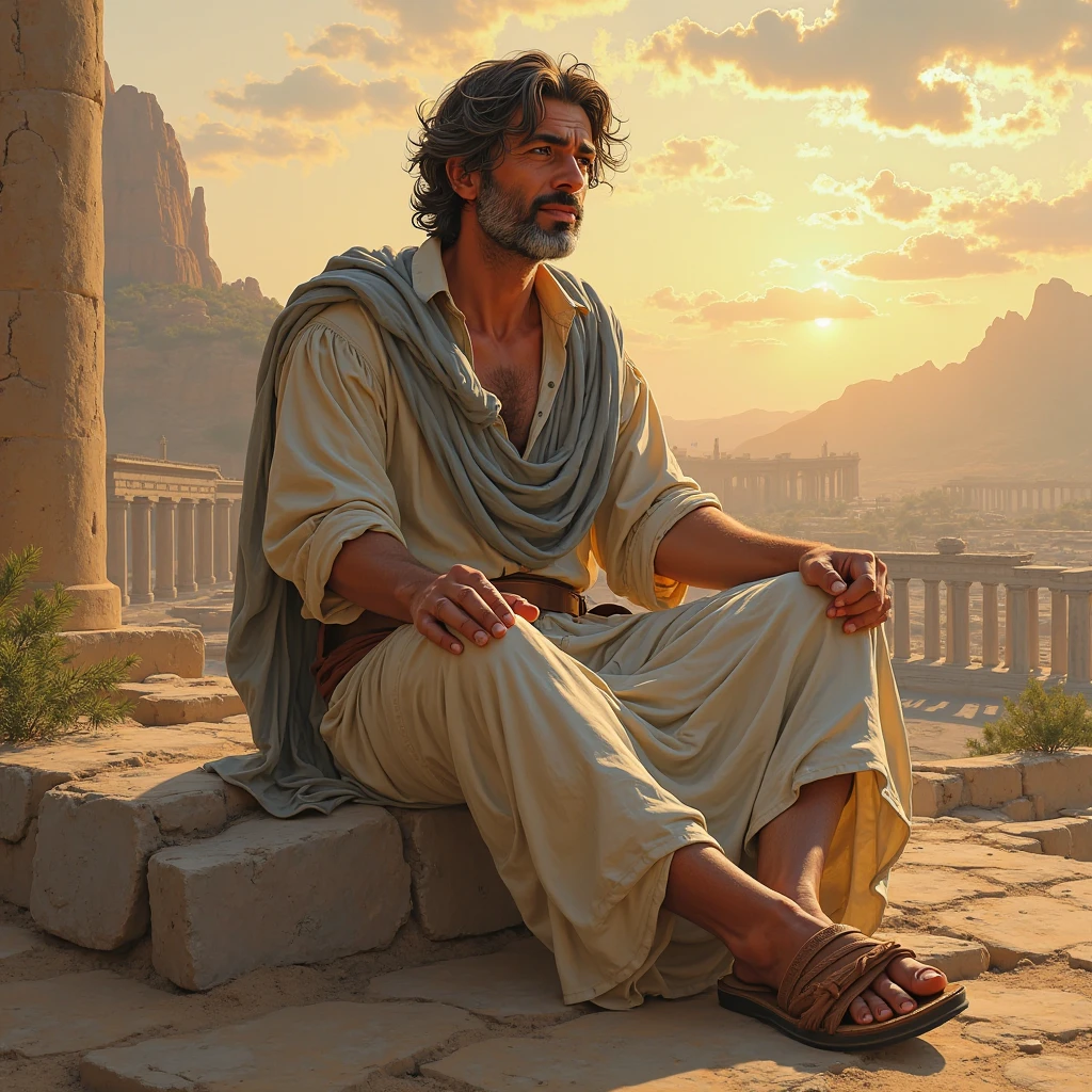 "Create a detailed illustration of Pyrrhus of Elis, a fourth-century BC Greek philosopher and founder of skepticism. Represent him as a middle-aged man with Mediterranean features, sun-tanned skin, and wavy, slightly graying brown hair falling over his shoulders. He wears a simple Greek tunic of light linen with subtle blue details, typical of Ancient Greece, and worn leather sandals, suggesting his travels. His face reflects calm and introspective, with deep eyes that seem to observe the world without judgement, a serene expression and a slight enigmatic smile. In the background, a setting that mixes elements of his experiences: an arid landscape with Greek ruins, like broken columns, and an exotic touch of the East, with distant mountains and a golden sky at dusk, reminiscent of his journeys with Alexander the Great, and the wise men of India. a relaxed posture that conveys inner peace. The soft light highlights your figure, creating an aura of tranquility and timeless wisdom." In high resolution, digital painting style!