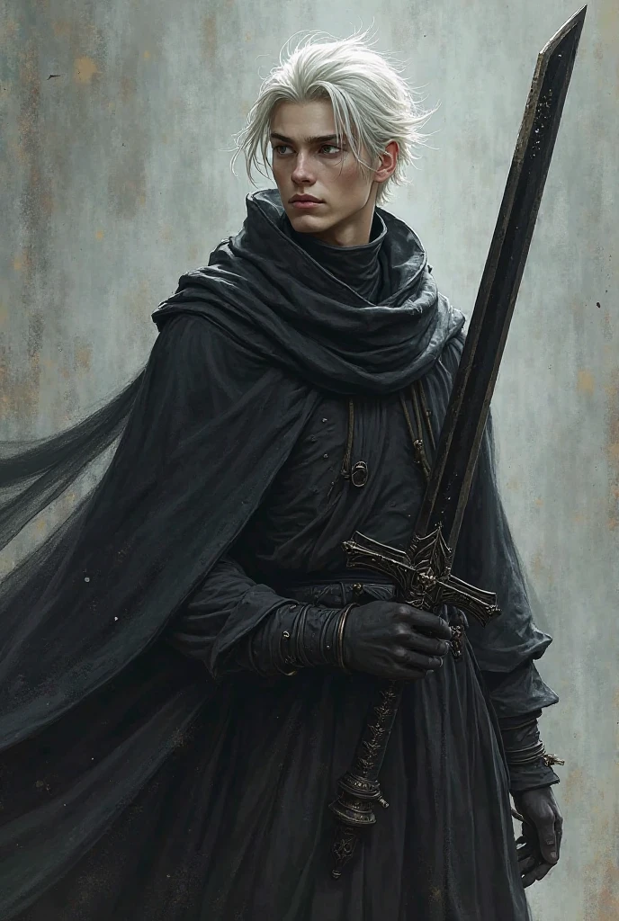 A tall, handsome boy, around 20 years old, with dark eyes and a black sword.  May the shadow flow from his sword.
 Facial expression Very serious
 The clothes were also made of soy
 His hair is white
 Being able to summon shadow creatures
 Let the sword be noticeably evil and beautiful