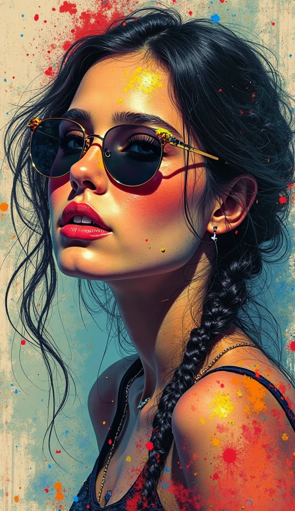 fille portant des lunettes de soleil, dans une composition dynamique, pose aléatoire finement artistique, techniques aérographe et graffiti, À la manière de José Royo, Boris Vallejo, Carne Griffiths, Vadim Kachine, Alyssa Monks, Brian Froud, Mike Deodato, atmosphère de ténèbres et d'horreur, Lumière dramatique, très détaillé, Rempli de détails cachés, hyper réaliste, Dans le style des portraits de papier peint, graphismes audacieux et colorés,  une attention réaliste aux détails , très détaillé and colorful realism, Ultra HD, 8K