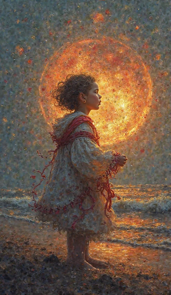 একটি সুন্দর, নৃতাত্ত্বিক বিড়ালছানা যার গায়ে কমলা এবং সাদা পশম রয়েছে, সে সোজা হয়ে দাঁড়িয়ে আছে, শিশুর দুধের বোতল ধরে তা থেকে পান করছে। বিড়ালছানাটির চোখ বড়, অভিব্যক্তিপূর্ণ নীল এবং নরম, নিষ্পাপ ভাব। সে একটি প্রাণবন্ত, পেটা কমলা প্যাটার্নের জাম্পস্যুট পরে আছে যার মধ্যে আম , কিউই এবং অন্যান্য ফলের রঙ, গোলাপী হাতা এবং ম্যাচিং গোলাপী স্নিকার্স রয়েছে। পরিবেশটি একটি গ্রামীণ গ্রাম যেখানে কর্দমাক্ত পথ এবং পটভূমিতে সাধারণ কাঠের ঘর রয়েছে, যেখানে রঙিন ঐতিহ্যবাহী পোশাক পরা কয়েকজন গ্রামবাসী দৃশ্যমান। পরিবেশ উষ্ণ এবং সামান্য বৃষ্টির, পানি জলাশয়ে আশেপাশের পরিবেশ প্রতিফলিত হচ্ছে, যা মনোমুগ্ধকর দৃশ্যে বাস্তবতার ছোঁয়া যোগ করছে।"