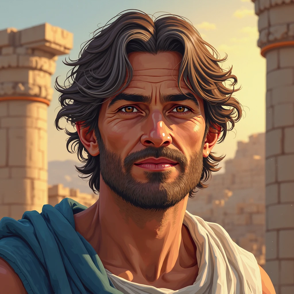 "Create a high-resolution illustration, in digital painting style, focused on the face of Pyrrhus of Elis, a Greek philosopher from the 4th century BC, founder of skepticism. Represent him as a middle-aged man with Mediterranean features, sun-tanned skin and wavy, slightly graying brown hair falling to his shoulders. His eyes are deep and expressive, conveying a feeling of someone who observes the world without judgment, with a serene expression and a slight enigmatic smile which reflects calm and introspection. The soft light illuminates his face, highlighting subtle wrinkles of experience and an aura of tranquility. He wears a simple Greek tunic of light linen with blue details, visible on the shoulders. In the background, blurred to emphasize the face, a subtle setting with Greek ruins, like broken columns, and an exotic touch of the East, with golden tones of a sunset, reminiscent of his travels with Alexander the Great and the wise men of India. vibrant and face-centered, ideal for a YouTube thumbnail, conveying timeless wisdom and inner peace."