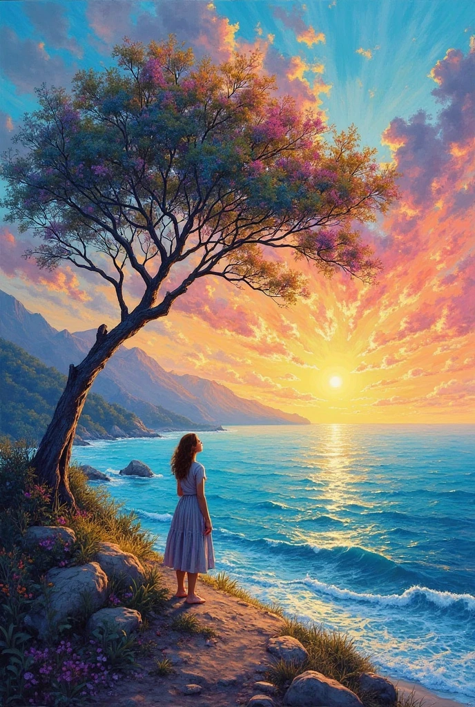 In this fascinating piece, a woman stands by the endless sea,  could it help you , while the tree next to her reflects her inner world. The interplay of vivid colors captures the essence of hope and inspiration against the backdrop of a bright sky. The impressionistic style gives the coastal landscape an emotional depth and invites the viewer, to explore the dreamy horizon, where reality and dreams effortlessly merge.