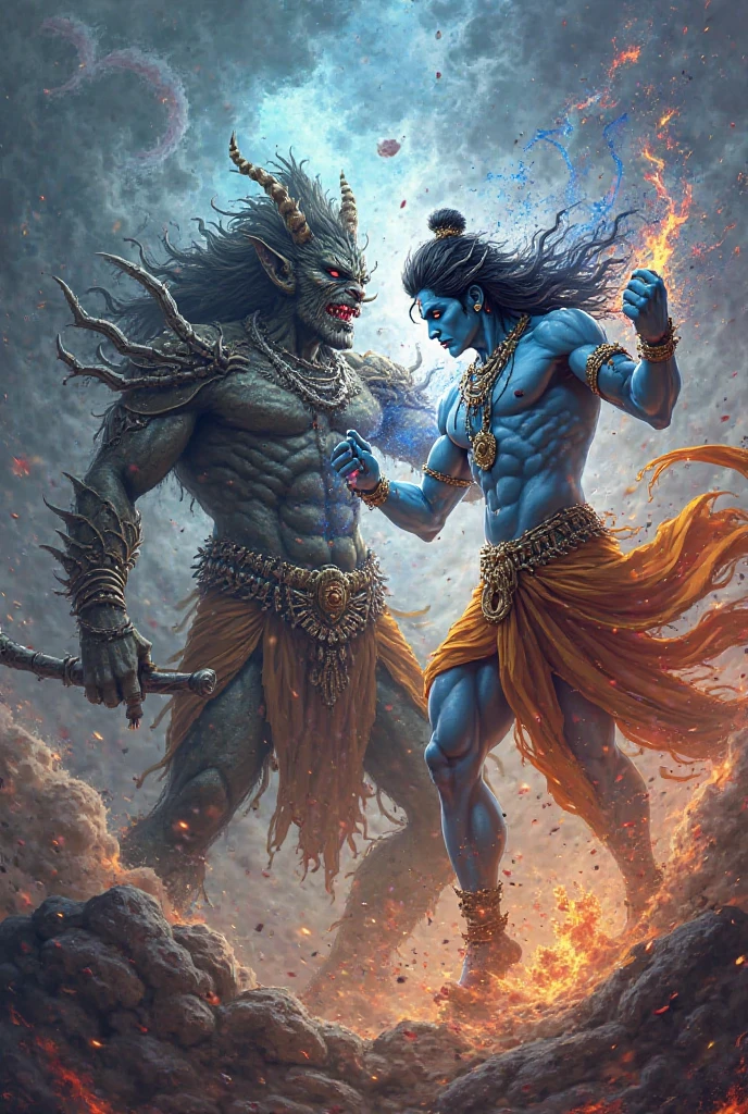 A ragegous fight by karna against arjuna from the swirling purple flames, glowing white eyes piercing the smoke. The background is predominantly dark, highlighting the intensity of the fiery colors and the sinister presence of the figure, which is surrounded by chaotic Mahabharata war, an Archer fight between ghandeev bearer Arjun and Vijay bow ( godly armour) bearer karn ,flickering flames that evoke a sense of confidence and power. anime, anime style, 4k, 8k, good quality, zoom face, wallpaper size, FACE of the worlds